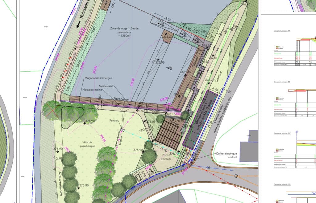 Plan du site rénové de l'étang Remy. Esquisse faite par le bureau d'étude IMPACT Sprl.